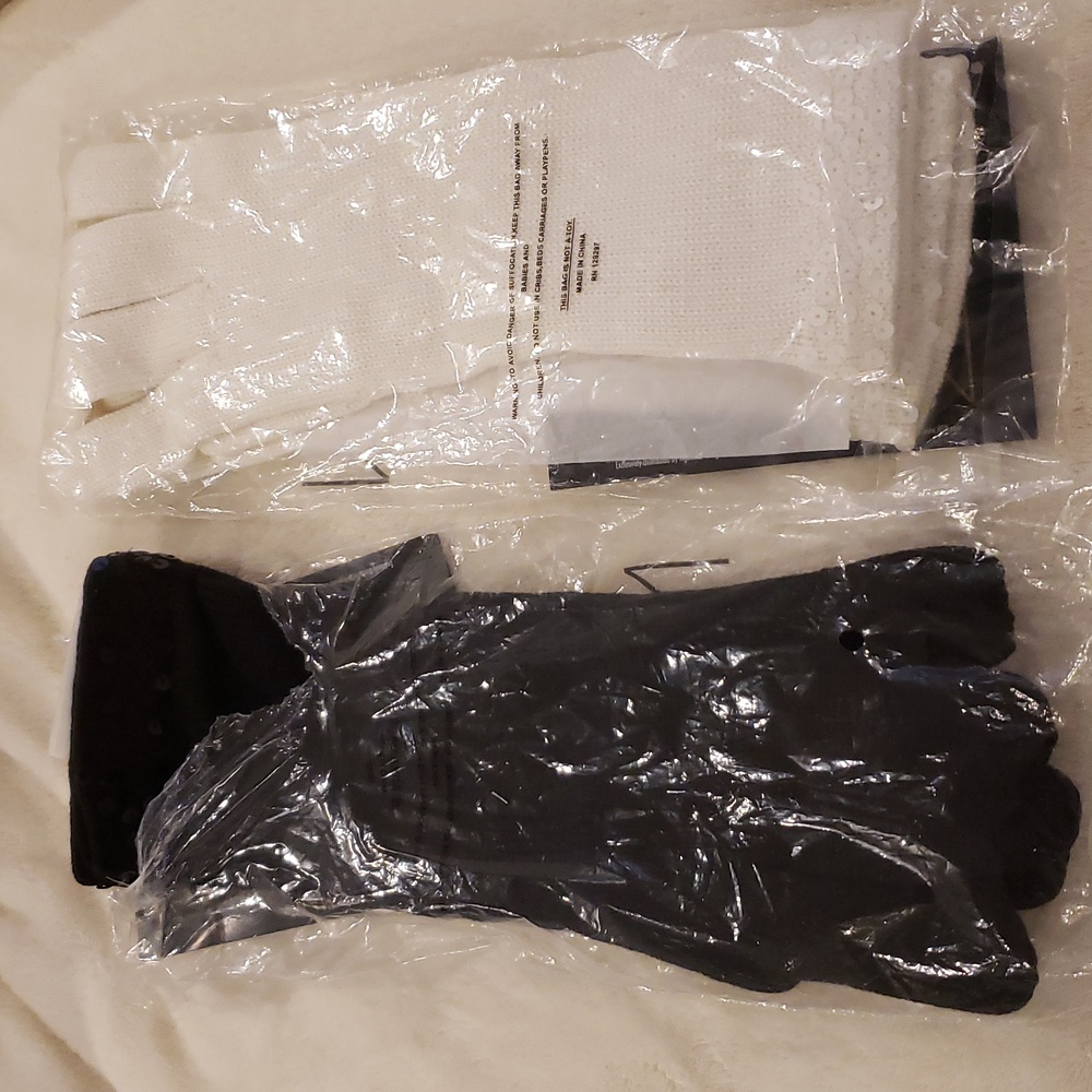 2 NWT pairs of knit gloves (black/white) with sequins on wrist, 11" long